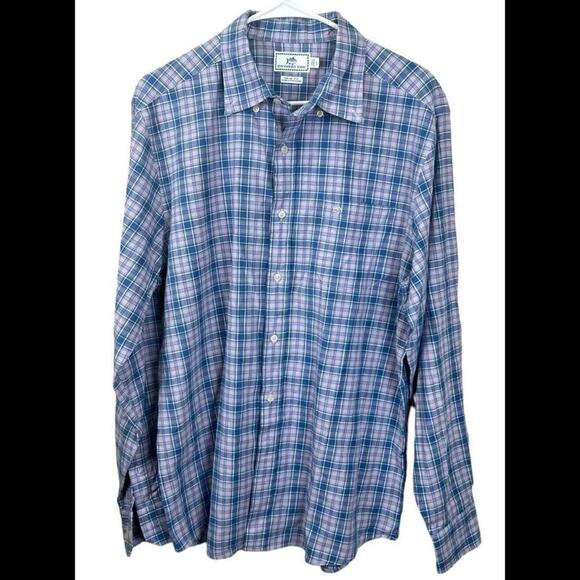 Southern Tide Shirt Mens Large Blue Pink Plaid Linen Blend Trim Fit‎ Button Up - Picture 1 of 4